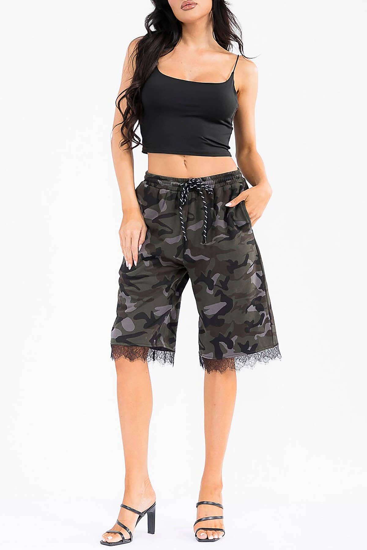 HOT—2026: CAMO-GIRL: CAMO PRINT LACE TRIM POCKETS SIDE DRAWSTRING PANTS