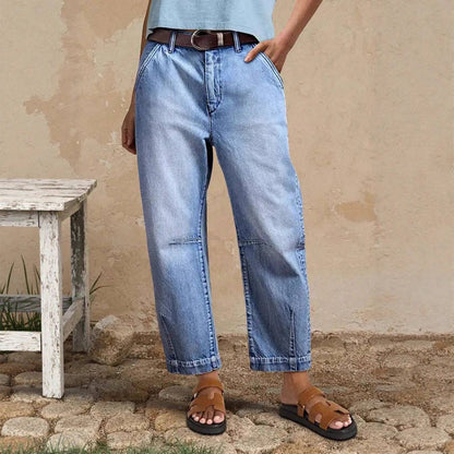 Casual Wide-Leg Stretch Denim Cropped Pants