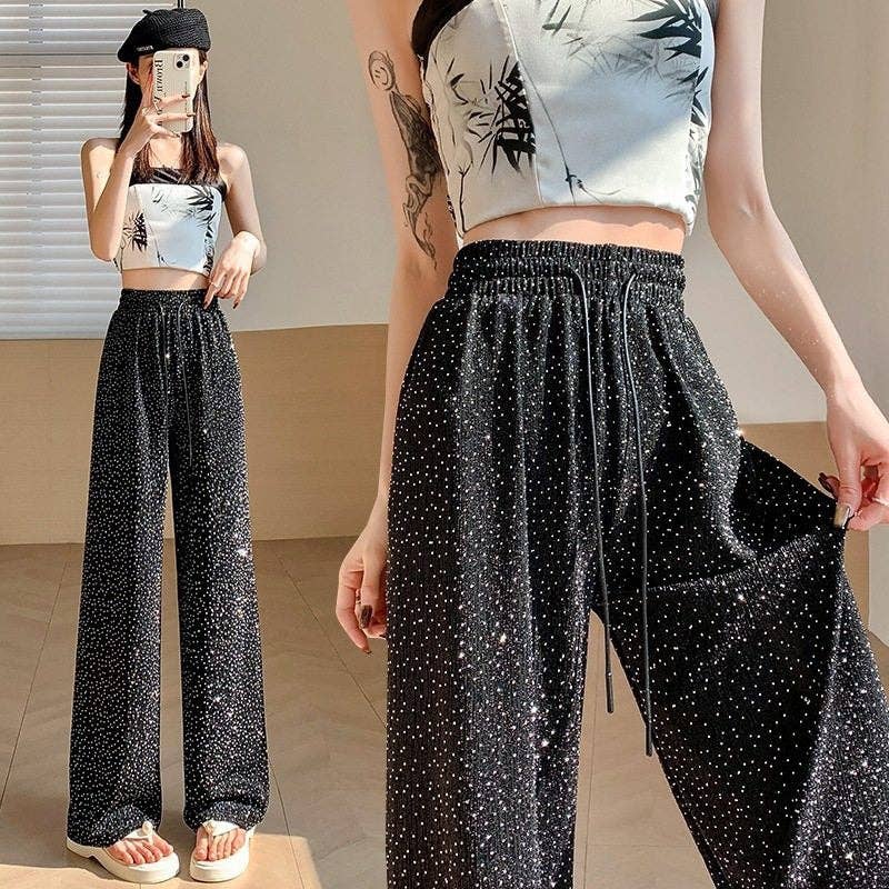 Wide Leg Stretchy Rhinestones Pant, High Waist, Loose Fit