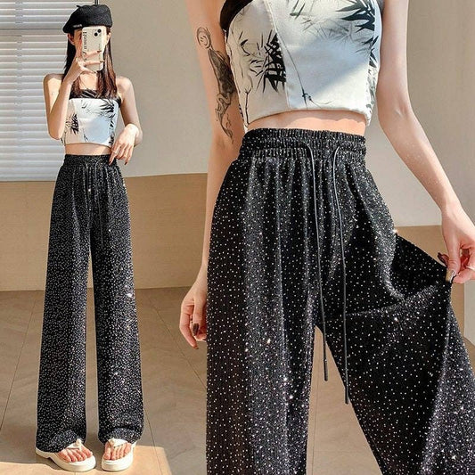 Wide Leg Stretchy Rhinestones Pant, High Waist, Loose Fit