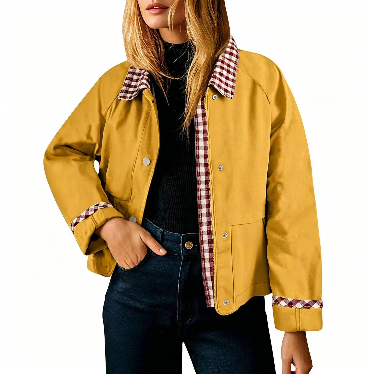 Vintage Patchwork Gingham Collar Trim Casual Jacket (A Forever Piece) Ligth Weight