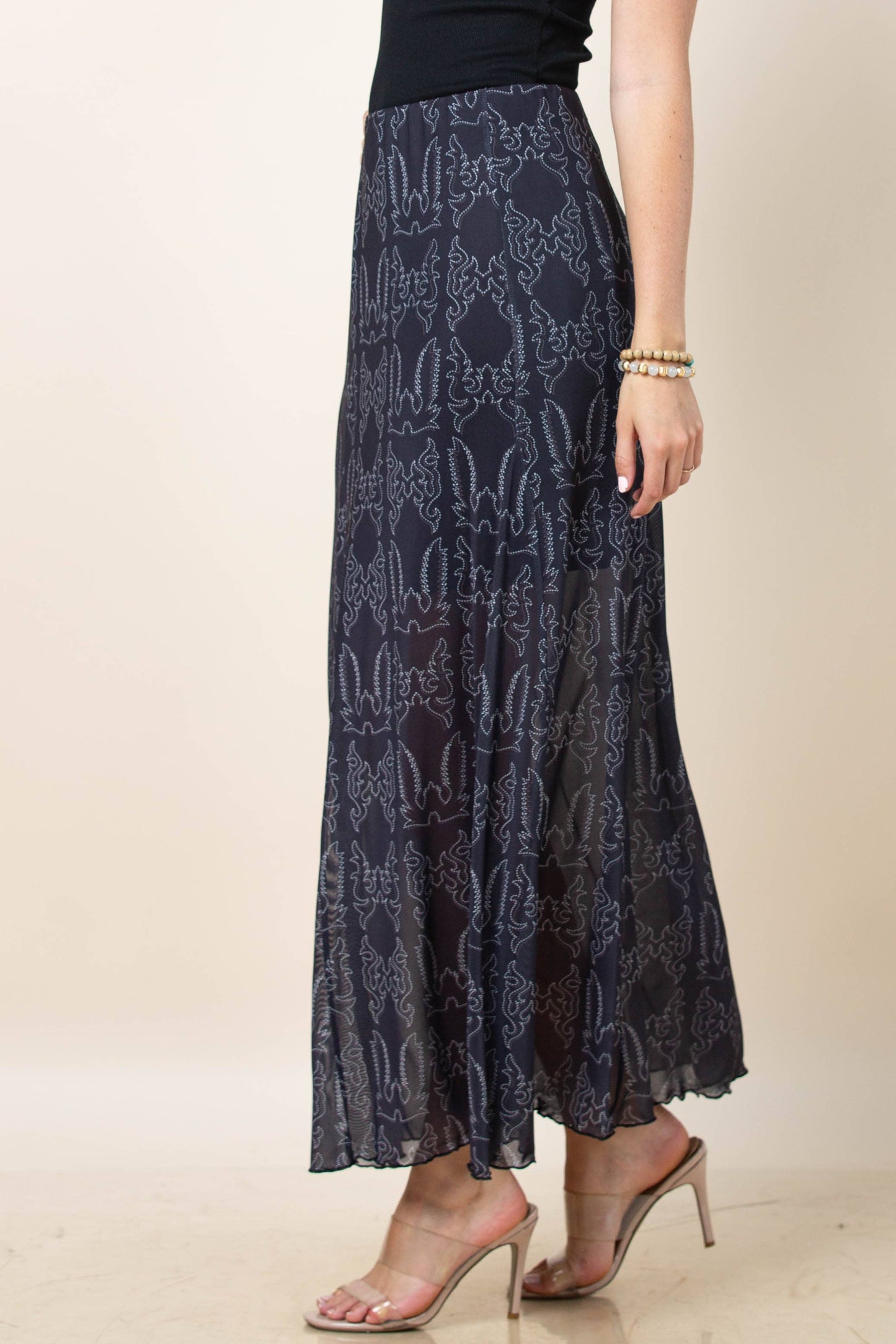 Montana Boho/Western Spirit Fashion:-REESE BOOTSTITCH PRINT A-LINE LINED MESH SKIRT