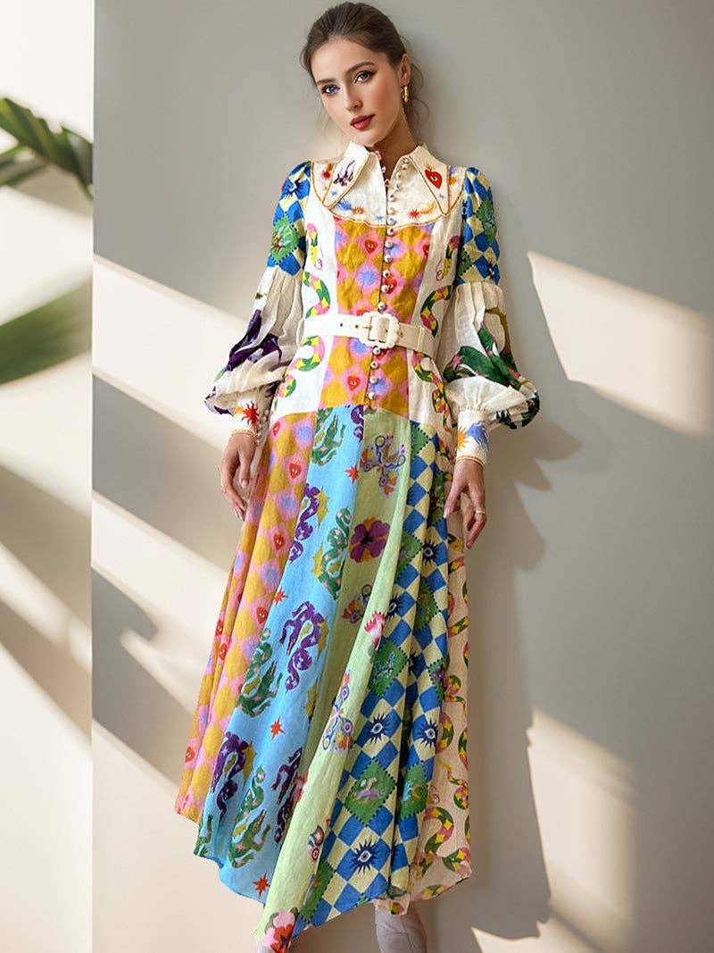 Be A Show-Stopper—Simply IRRESISTIBLE: Patchwork Print Long Sleeve Maxi Dress
