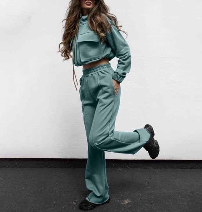 Casual Comfort Series: Drawstring zip-up sweatshirt & pant (Teal 2-PC)