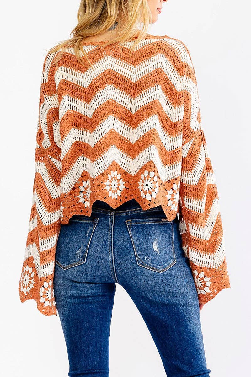 Montana Boho Western Spirit Fashion: LONG BELL SLEEVE COLORBLOCK CROCHET PULLOVER TOP (2)