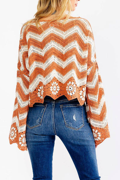 Montana Boho Western Spirit Fashion: LONG BELL SLEEVE COLORBLOCK CROCHET PULLOVER TOP (2)