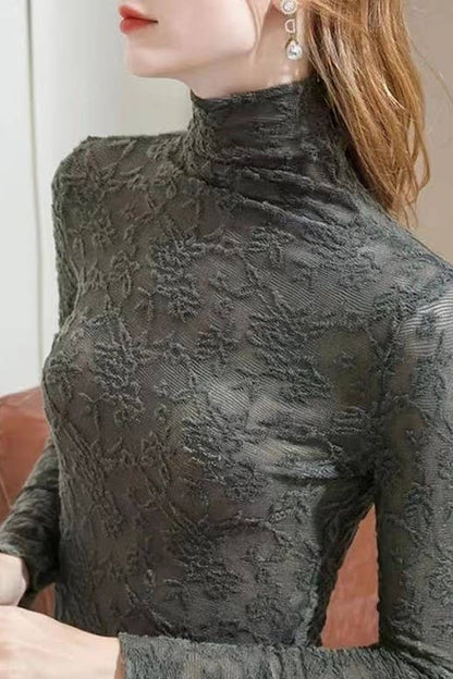 Montana Boho/Western Essentials: Sheer Mesh Floral Textured Lace Turtleneck Top