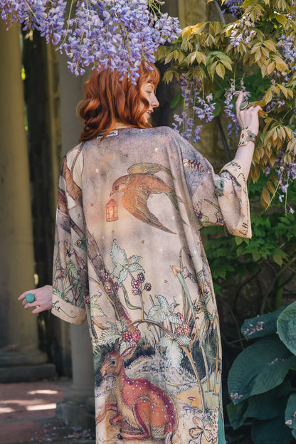 Duster: Lovelight Opera Duster Kimono Robe w/woodland deer & swallow