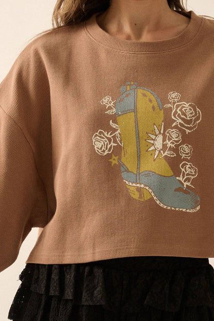Montana BOHO: Cowboy Boot and Roses Cropped Thermal Graphic Top