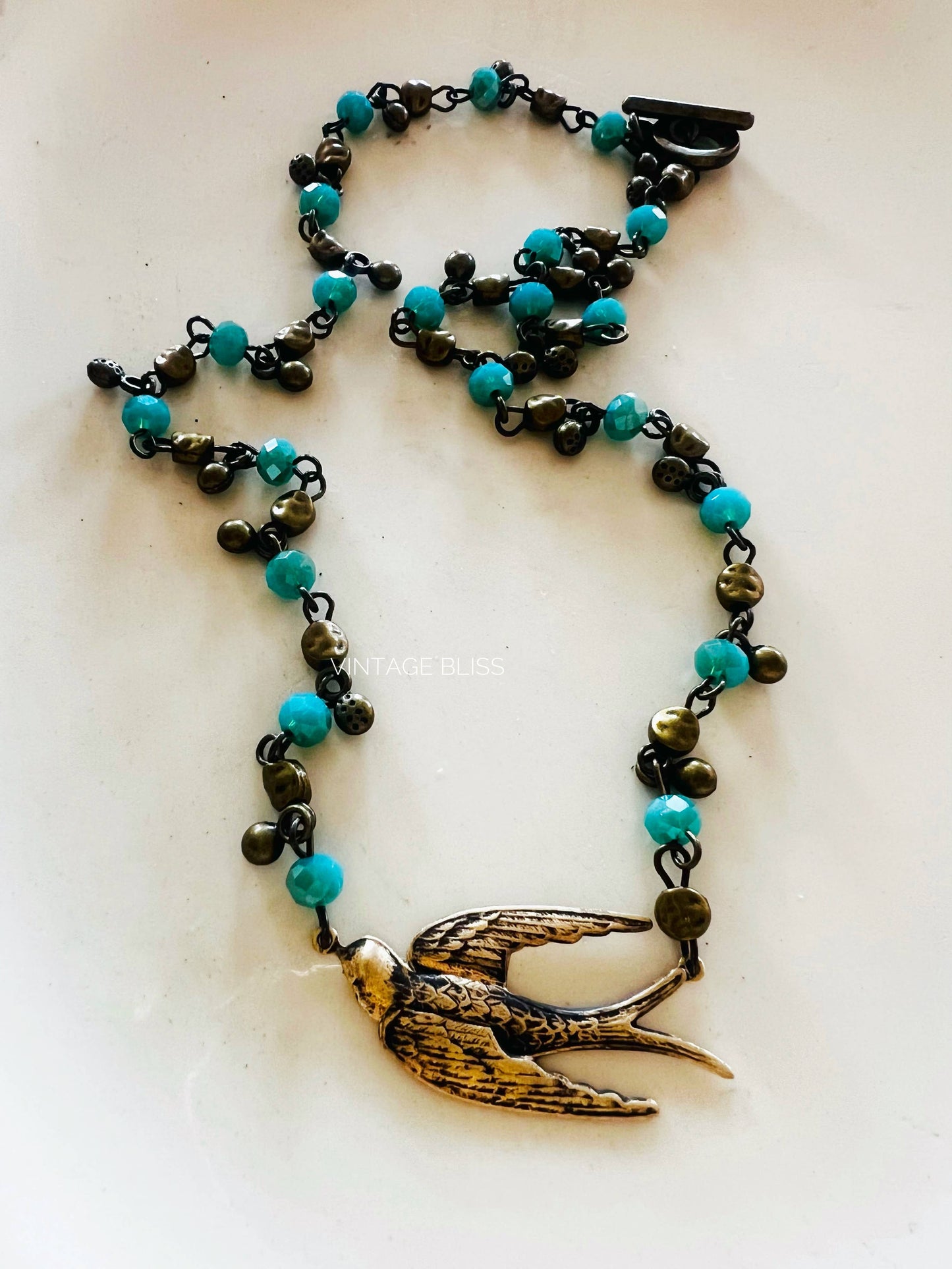 Fly Away Sparrow Brass Patina Beaded Chain Necklace: Montana Boho Western Spirit Jewelry