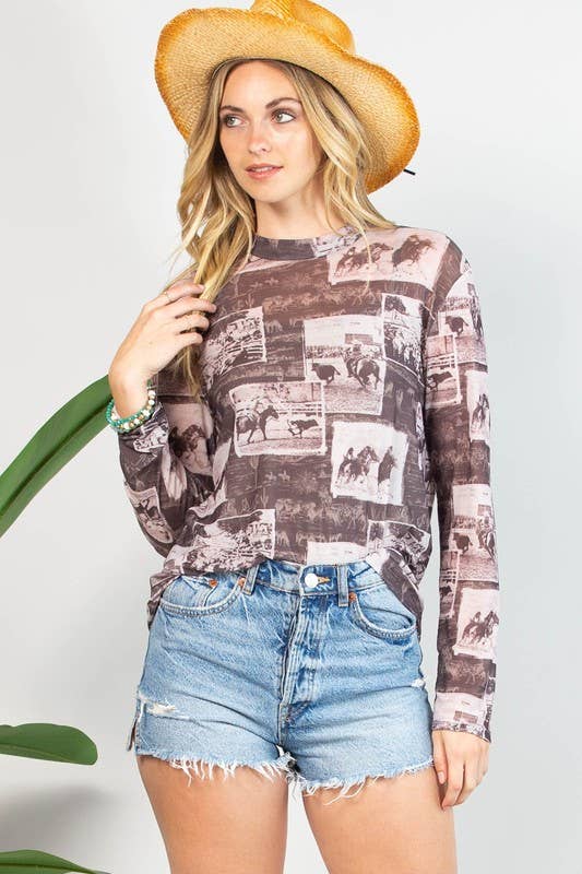 Montana Boho Western Spirit Fashion: WESTERN RODEO PRINT SEMI SHEER MESH TOP