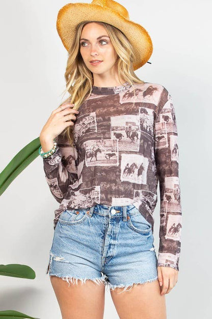 Montana Boho Western Spirit Fashion: WESTERN RODEO PRINT SEMI SHEER MESH TOP