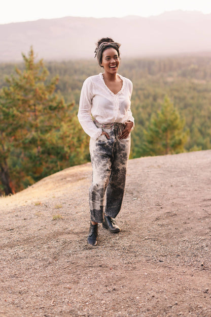 "Still I Rise"  Linen Cropped Artist Pant w/ Sunrise, Woman— FREE SPIRIT DREAMER Series: Boho & Free-People loving styles.