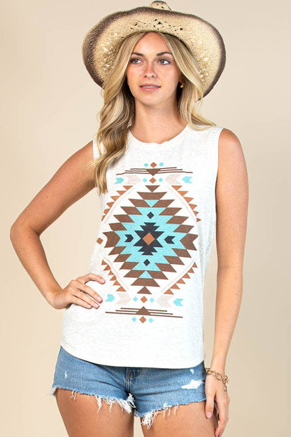 Montana Boho/Western Spirit Fashion: BARB AZTEC GRAPHIC SLEEVELESS TOP