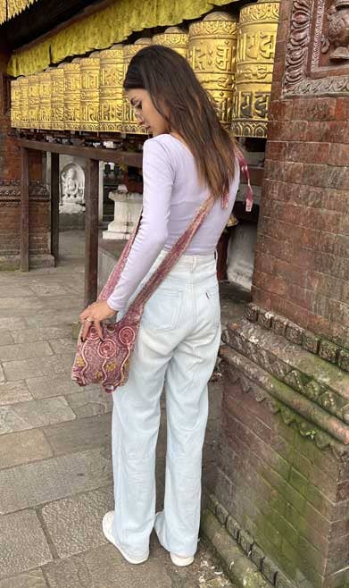 FREE SPIRIT DREAMER Series: Light Purple Cotton Crossbody Bag with Hand-Woven Flower