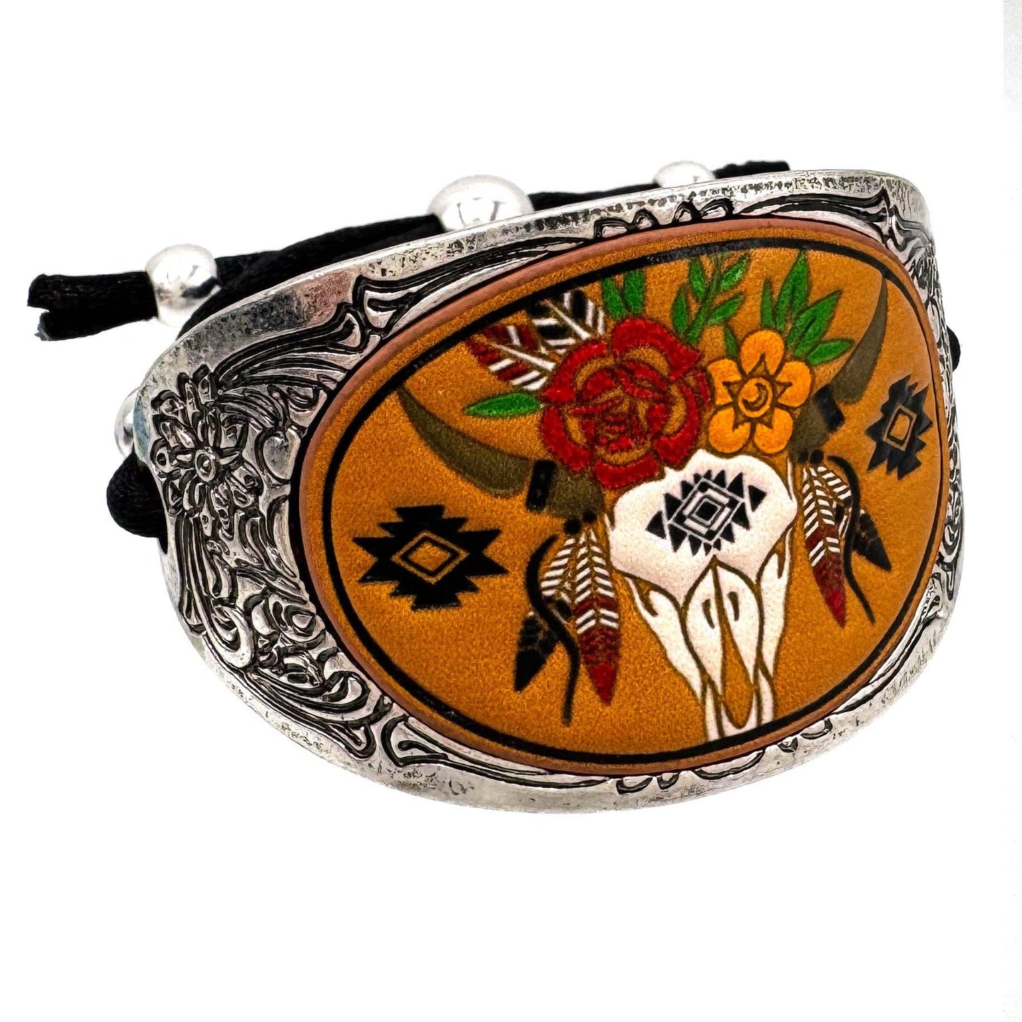 Montana Boho/Western Spirit Jewelry:  Longhorn Skull Leather Carved Cuff Metal Bracelet