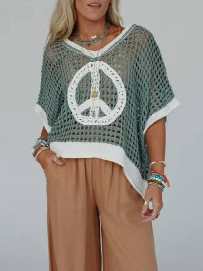Love & peace open knit top short sleeve oversized crochet top