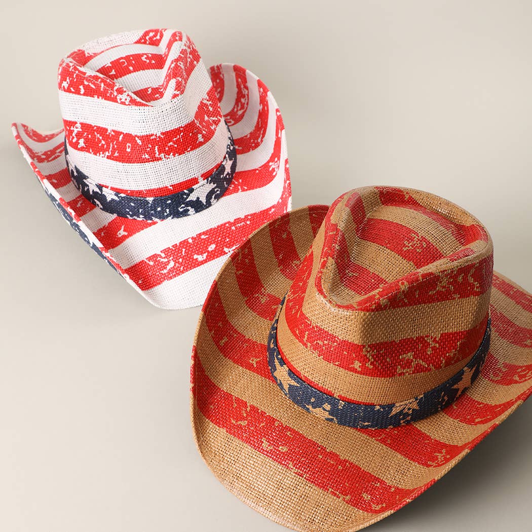 Vintage Americana Stars Stripes Straw Cowboy Hat (Red Theme)