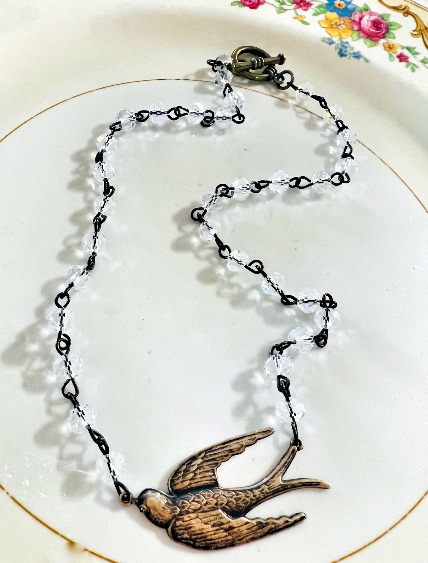 Fly Away Sparrow Brass Patina Beaded Chain Necklace: Montana Boho Western Spirit Jewelry
