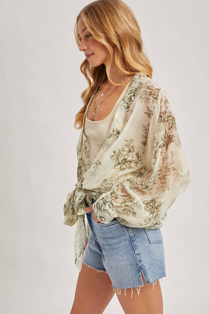 FREE SPIRIT DREAMER Series: BOTANICAL PRINT TIED FRONT BALLOON SLEEVED KIMONO