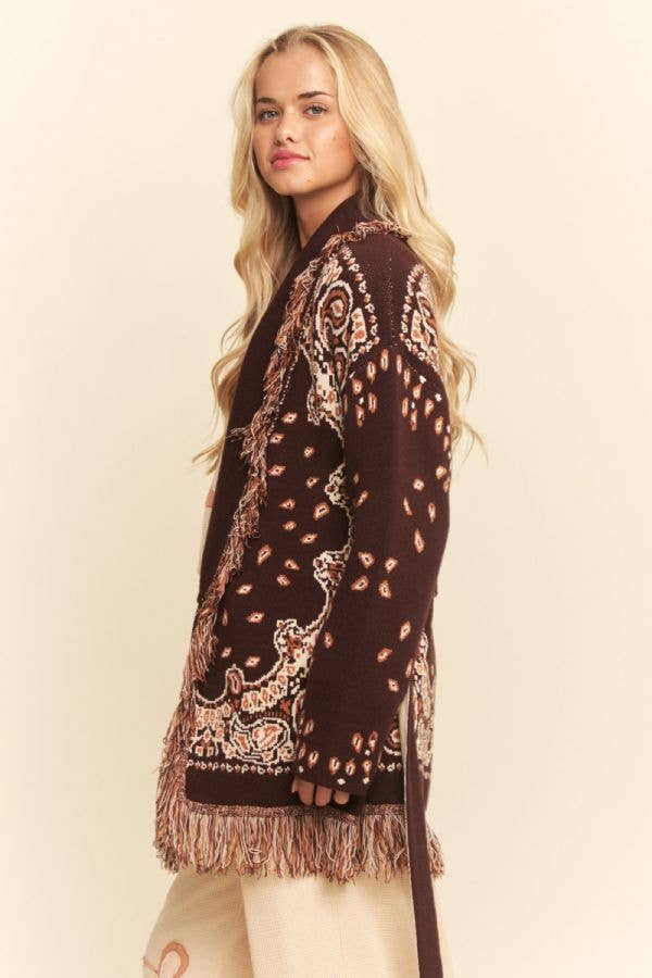 FREE SPIRIT DREAMER Series: FRINGE TRIM JACQUARD KNIT BELTED CARDIGAN