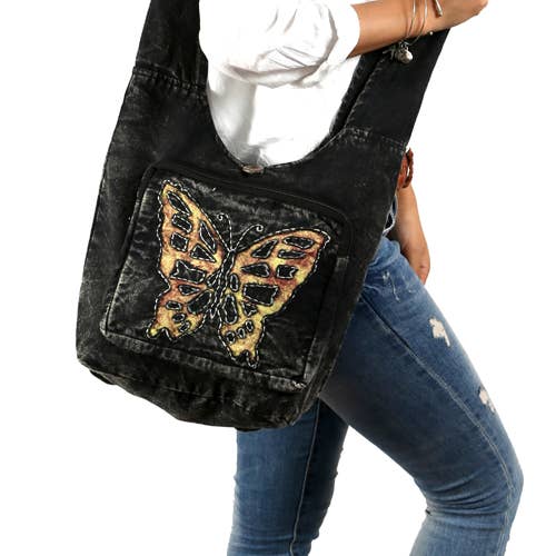 FREE SPIRIT DREAMER Series: Convertible Black Crossbody Backpack with Yellow Butterfly