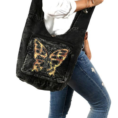 FREE SPIRIT DREAMER Series: Convertible Black Crossbody Backpack with Yellow Butterfly