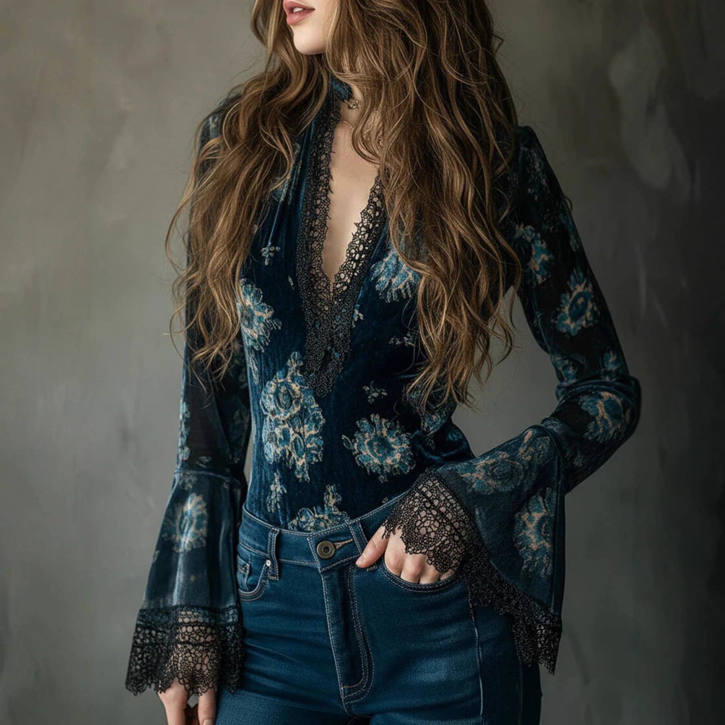 Floral Lace Trim Long Sleeve Blouse— Montana Boho Western Spirit Fashion