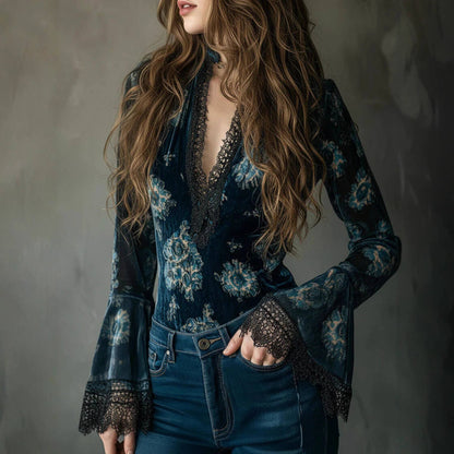 Floral Lace Trim Long Sleeve Blouse— Montana Boho Western Spirit Fashion