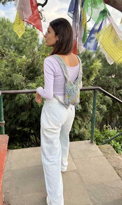 Cotton Crossbody Bag Tie Top with 3 Hand Woven Flowers Blue