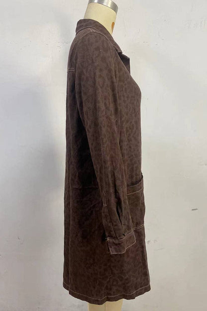 Button-Down Denim Dress with Pockets (Brown; Tone-On-Tone Leopard Print—subtle)