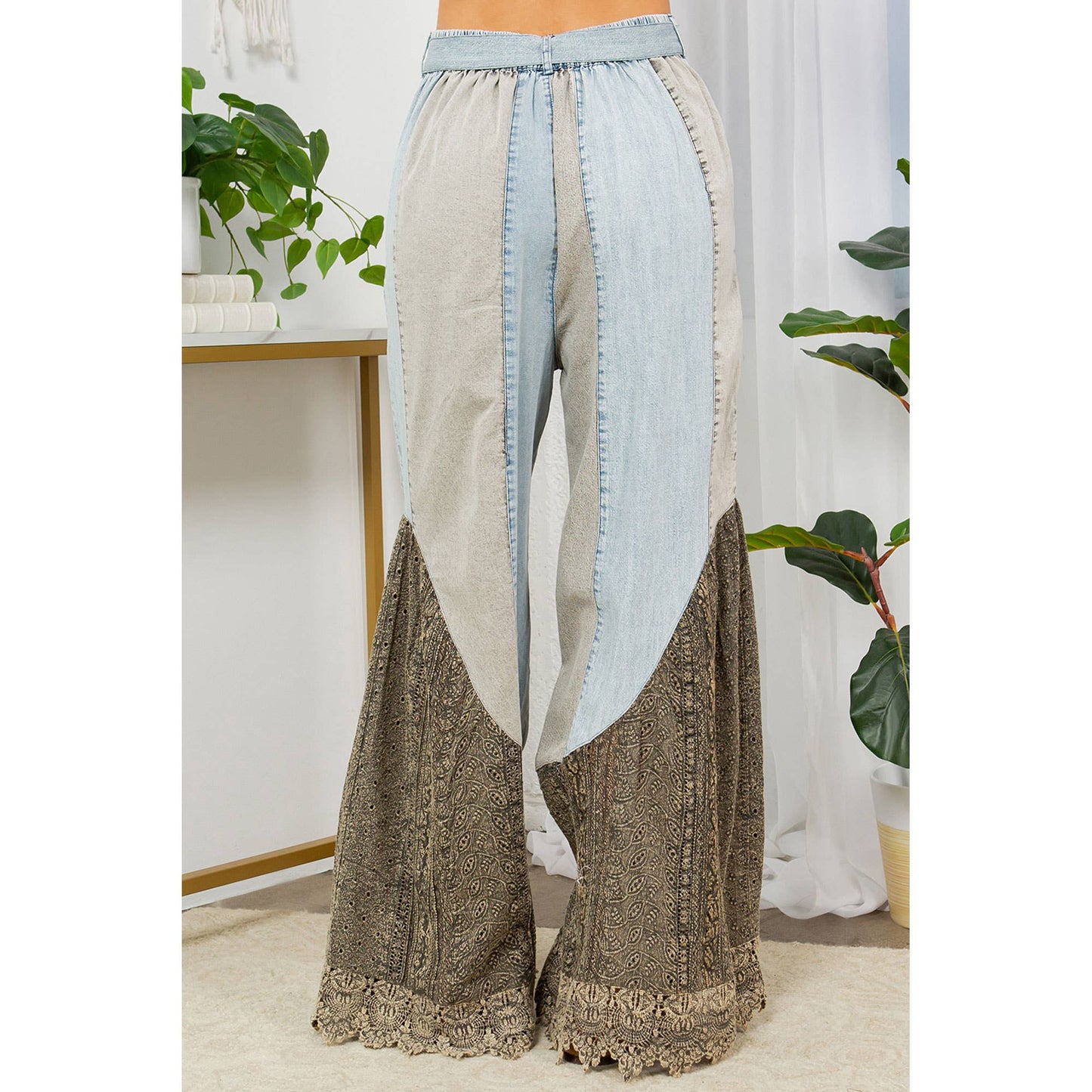 Montana Boho Mixed-Media Lace Hem Tie-Waist Flare Pants