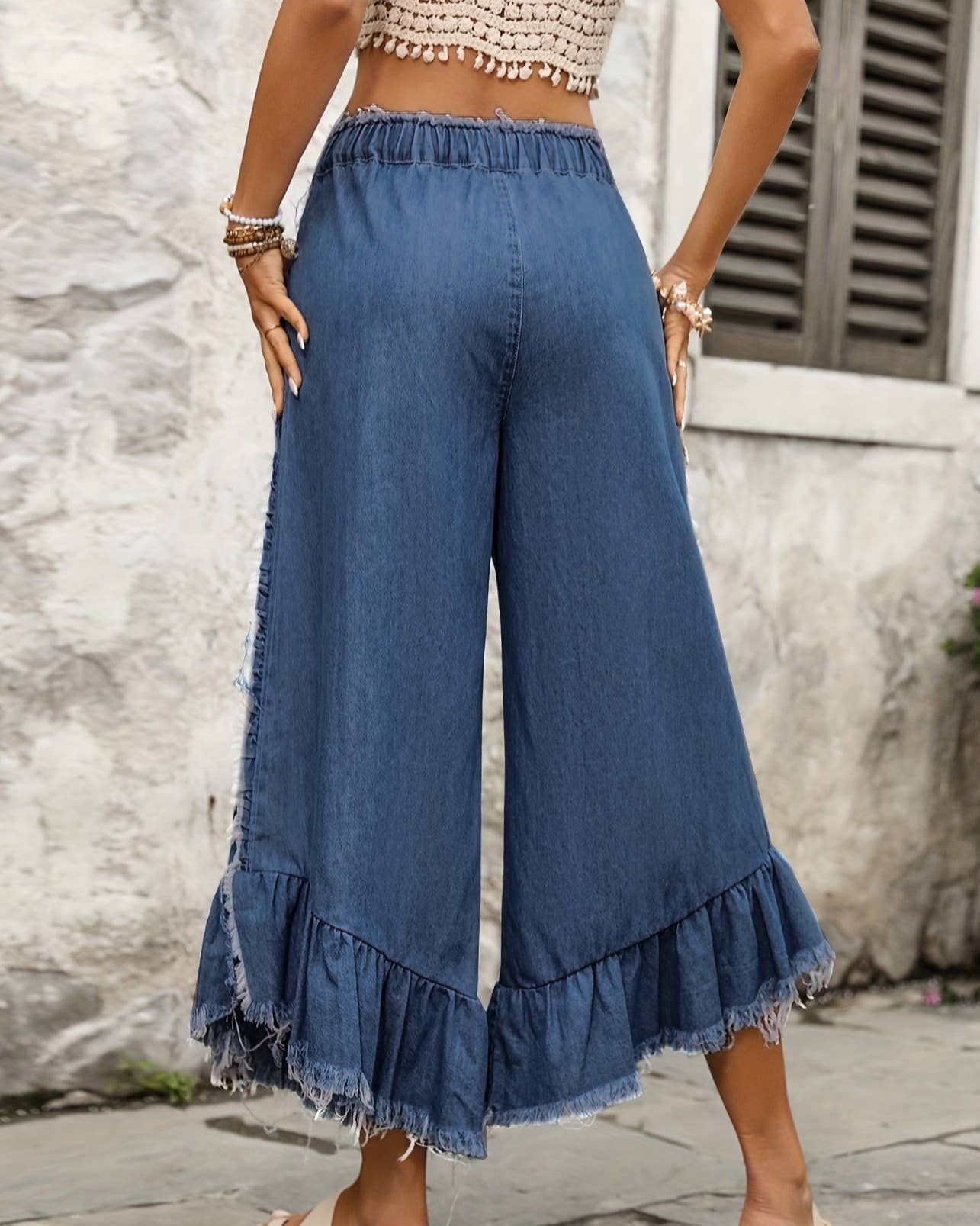 Boho High Waist Ruffle Frayed Denim Palazzo Pants