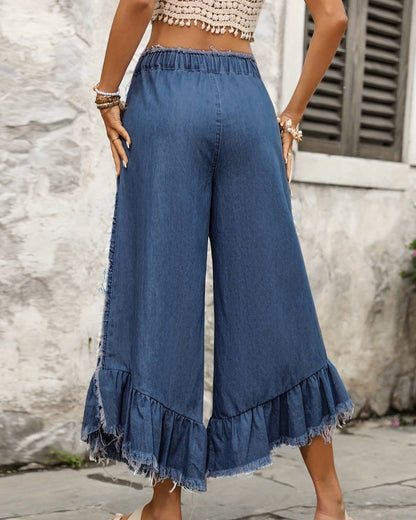 Boho High Waist Ruffle Frayed Denim Palazzo Pants