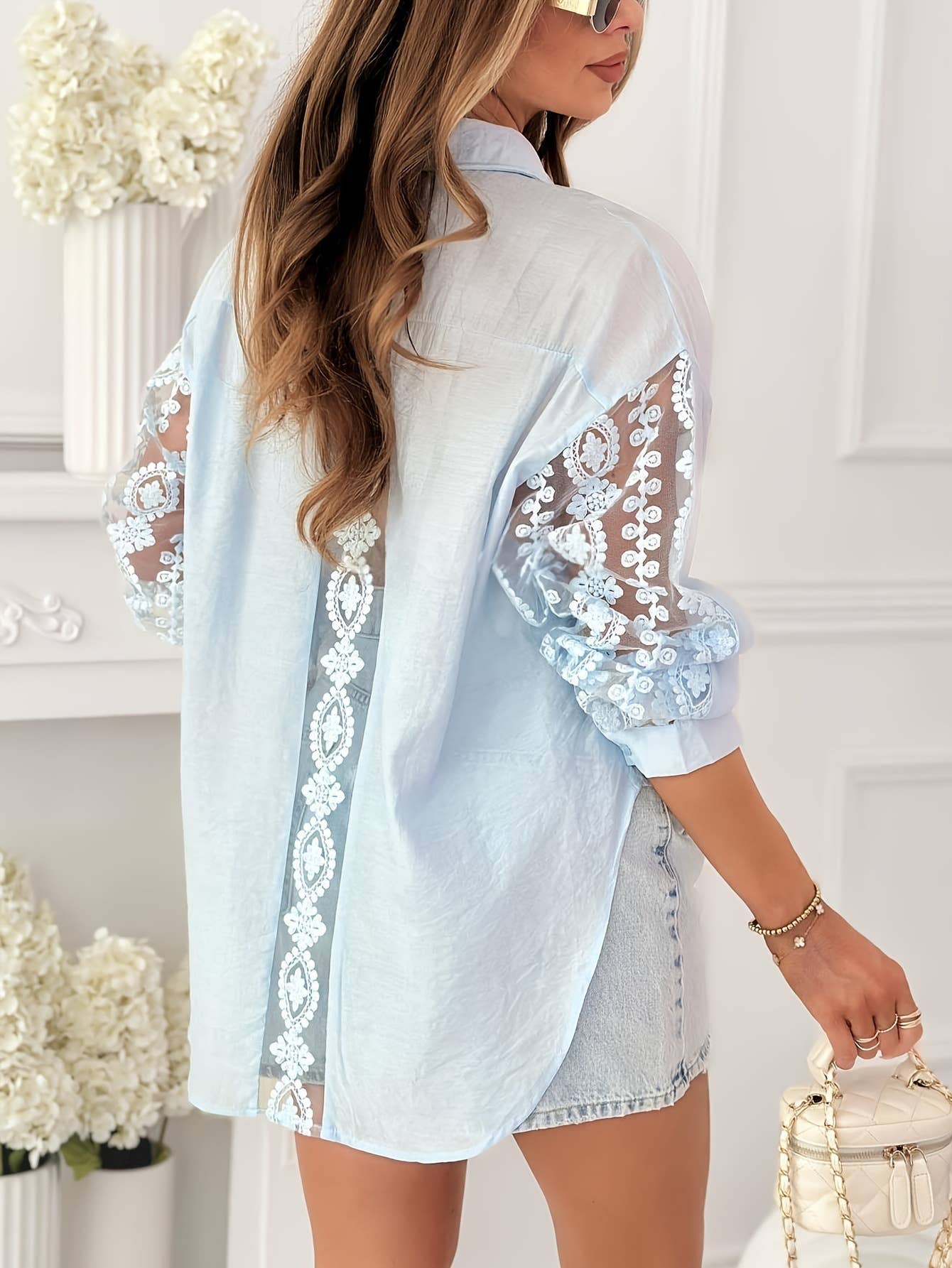 Montana BOHO French Light Blue Hollow Lace Embroidered Shirt