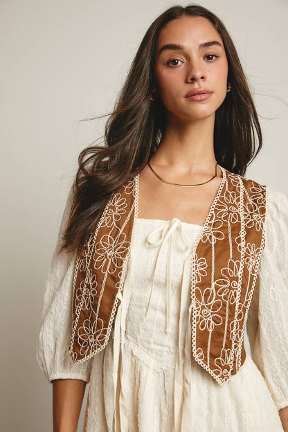 Boho & Free-People loving styles. Embroidered Tie-Front Vest