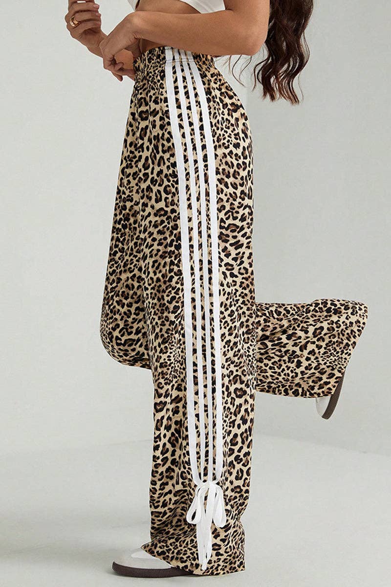 Leopard Print Stripe Casual Pants (Adorable three draw-string bows on hem)