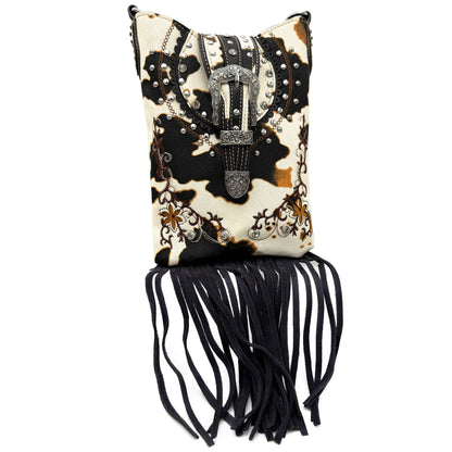 Montana Boho/Western Spirit Handbag: Crown Buckle Cow Print Floral Western Fringe Crossbody Bag