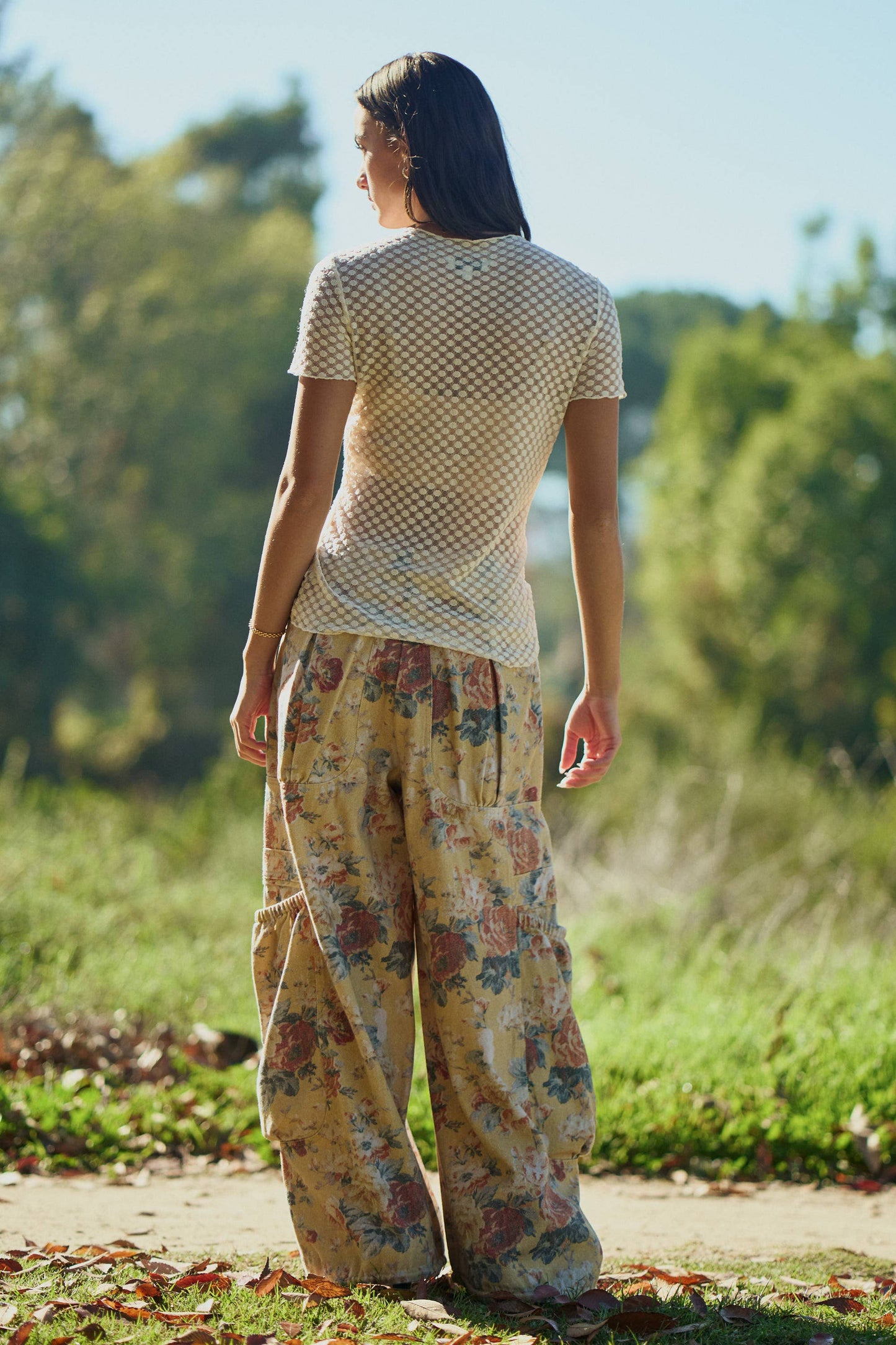 FLOWER PRINTED DENIM WAIST DROPPED POCKETS PANT—FREE SPIRIT DREAMER Series
