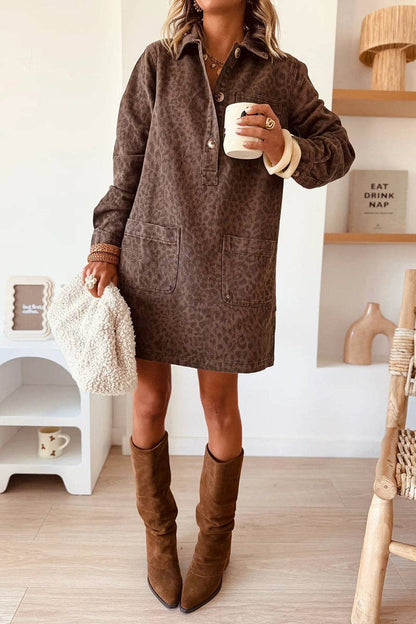 Button-Down Denim Dress with Pockets (Brown; Tone-On-Tone Leopard Print—subtle)