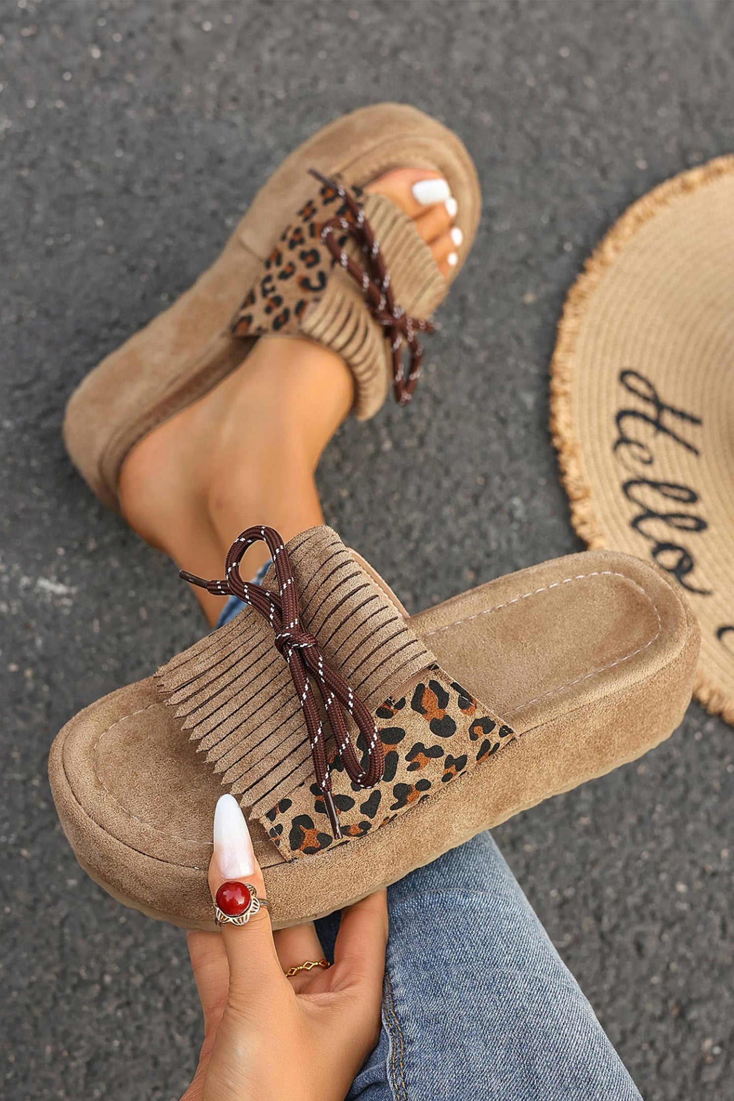 Montana Boho Western Spirit Shoes: Leopard Faux Suede; Lace-up Detail Platform Sandals