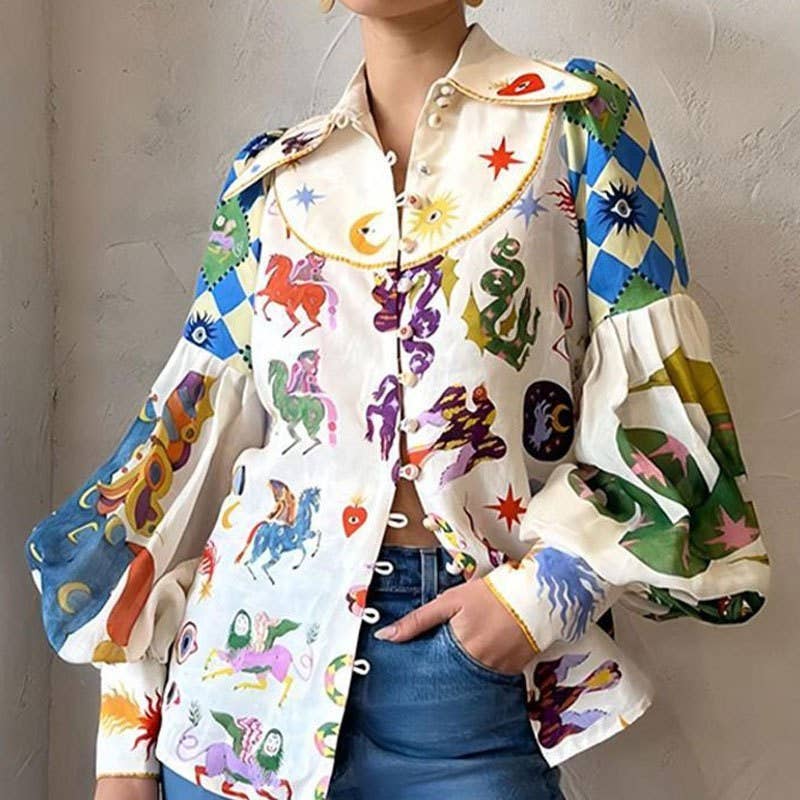 FREE SPIRIT DREAMER Series: Loose Casual Cartoon Printed Lapel Long Sleeve Shirt