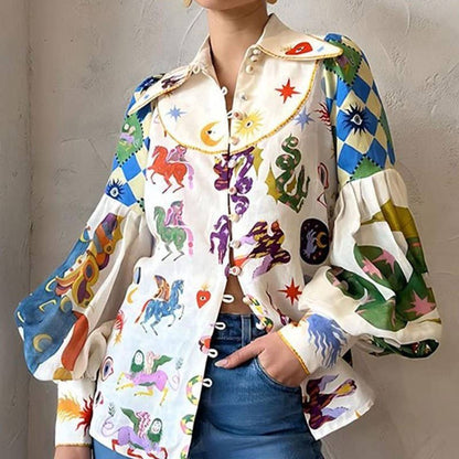 FREE SPIRIT DREAMER Series: Loose Casual Cartoon Printed Lapel Long Sleeve Shirt