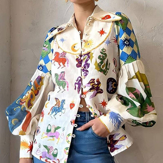 FREE SPIRIT DREAMER Series: Loose Casual Cartoon Printed Lapel Long Sleeve Shirt