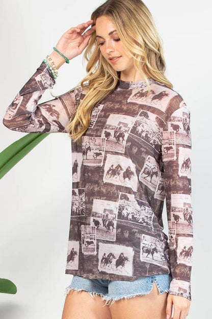 Montana Boho Western Spirit Fashion: WESTERN RODEO PRINT SEMI SHEER MESH TOP