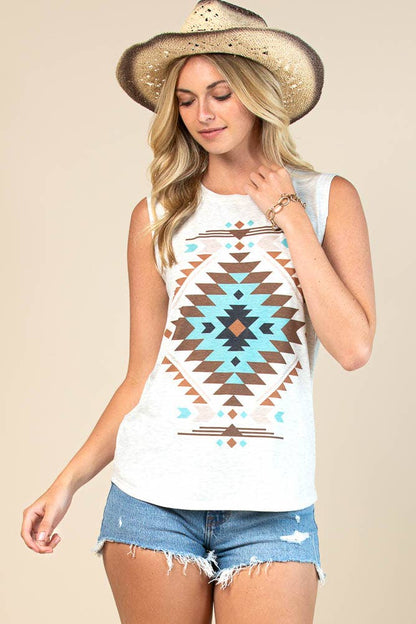 Montana Boho/Western Spirit Fashion: BARB AZTEC GRAPHIC SLEEVELESS TOP