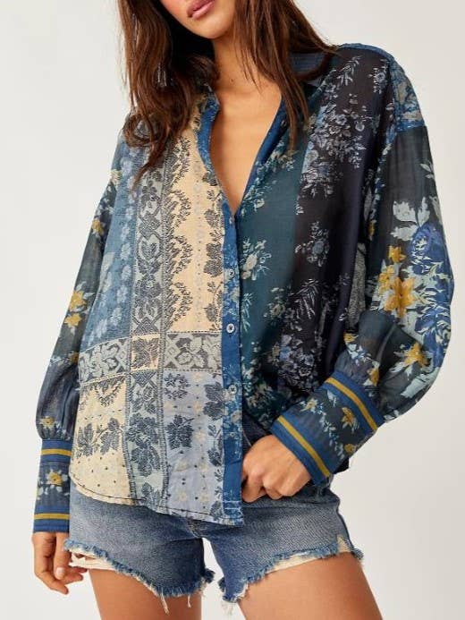 Bohemia Chic Vibe Floral (patchwork print button-up shirt)—Montana Boho Western Spirit Fashion: