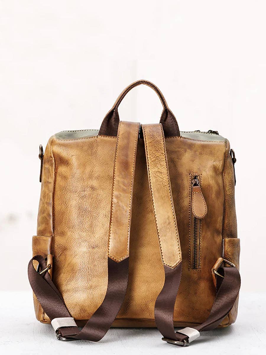 Casual Travel Color Matching Leather Backpack BROWN