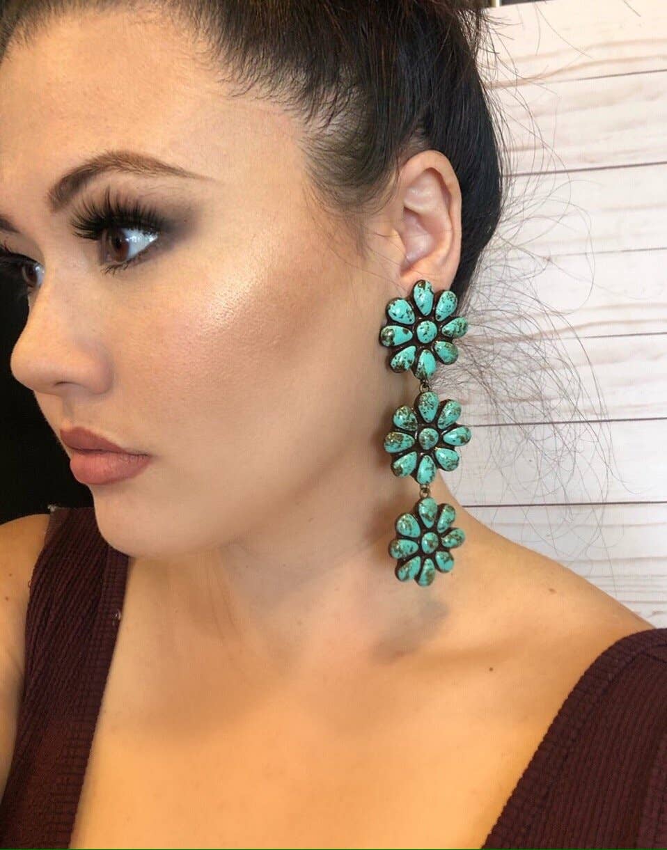 The Wynette Earrings- Turquoise Stone (3 Flower Drop Style)