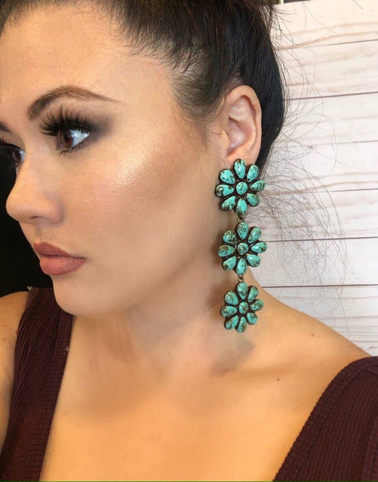 The Wynette Earrings- Turquoise Stone (3 Flower Drop Style)
